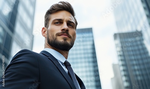 Elegant Young Man in Expensive Suit Against Blurry Skyscraper Background