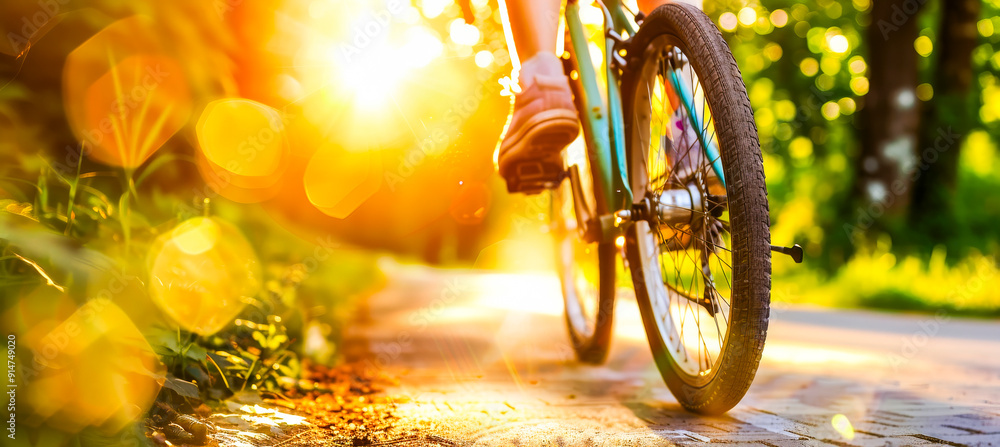 Cyclist Riding Through Sunlit Forest Path. Cyclist Riding Through Sunlit Forest Path.