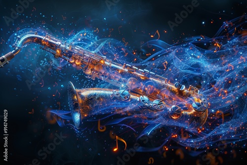 Wallpaper Mural Saxophone emitting musical notes and symbols on dark background, artistic composition Torontodigital.ca