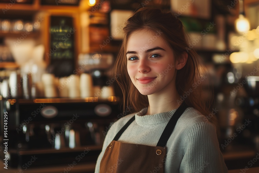female barista in cozy cafe smiling at camera female barista in cozy cafe smiling at camera