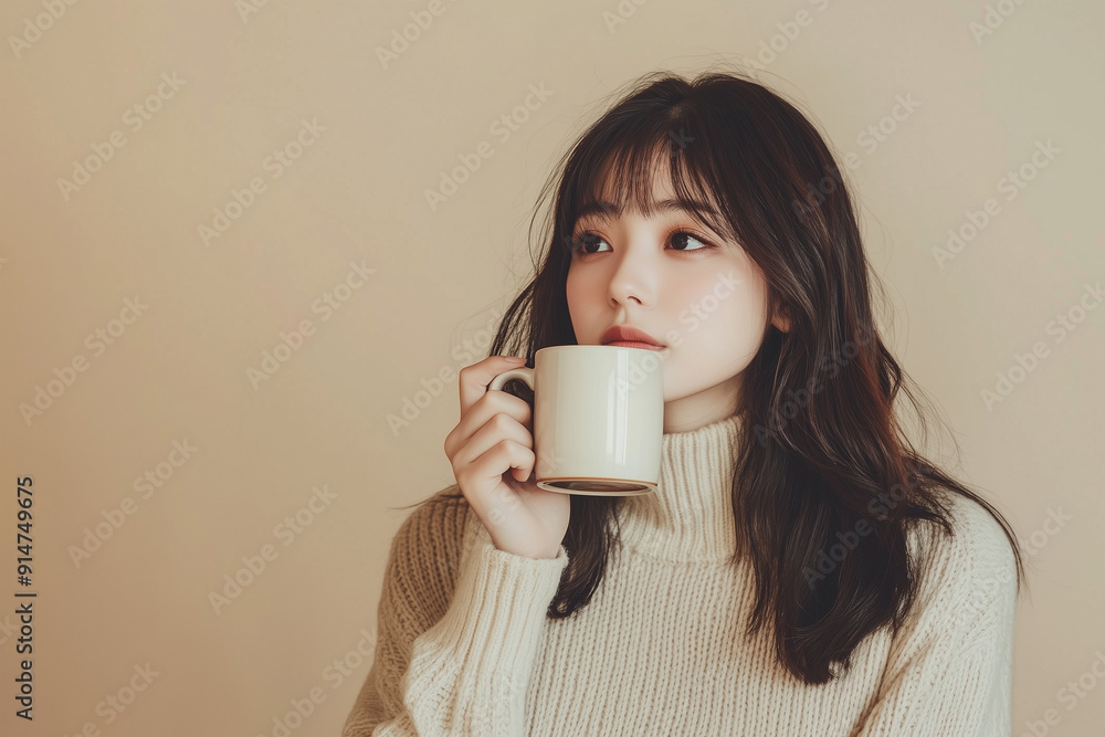 マグカップでホットドリンクを飲む若いアジア人女性。ベージュの背景。コピースペースまたはテキストスペースがある背景画像。 マグカップでホットドリンクを飲む若いアジア人女性。ベージュの背景。コピースペースまたはテキストスペースがある背景画像。