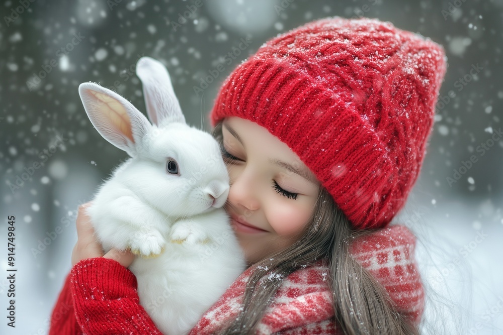 girl in red hat hugs white fluffy rabbit. winter day, snowing girl in red hat hugs white fluffy rabbit. winter day, snowing