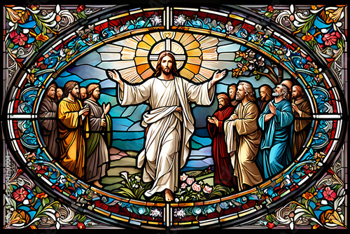 Stained glass style jesus standing with his arms out