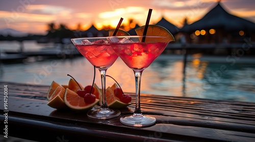 Cocktail on the beach in Tahiti over the ocean with pineapples and cherry and a pina collada 