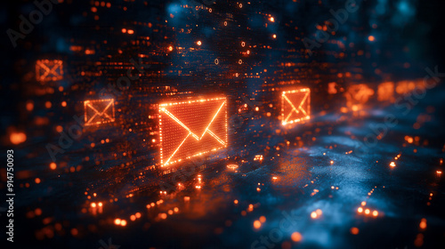A digital representation of glowing orange envelopes made of pixels, symbolizing the flow of electronic mail in a high-tech, futuristic environment.