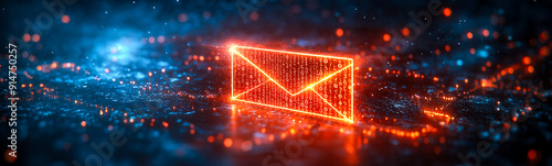 A vibrant digital envelope glowing in orange, symbolizing electronic mail, set against a dynamic background of binary code and sparkling lights.