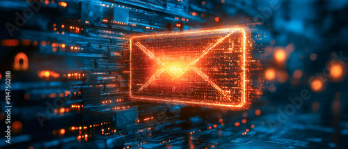 A high-tech digital envelope glowing in orange, symbolizing electronic mail, set against a dynamic background of digital circuits and glowing lights.