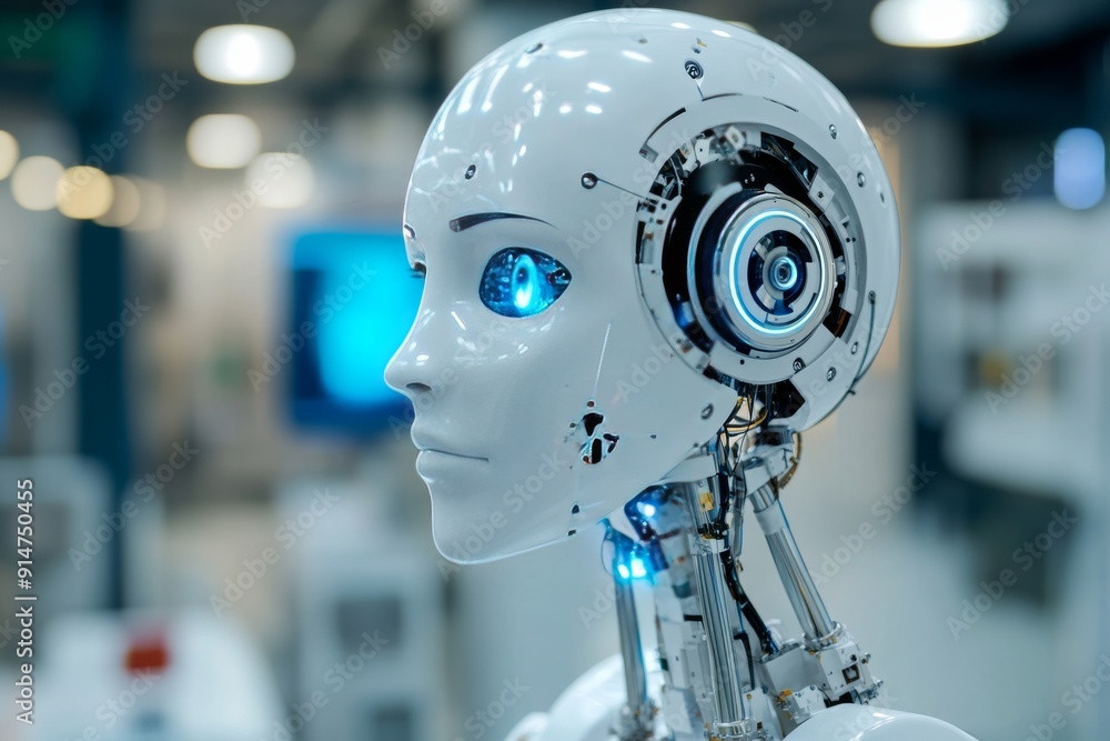 Portrait of a humanoid robot with sleek white and blue design symbolizing the advanced AI technology and human like interaction in a modern high tech environment Portrait of a humanoid robot with sleek white and blue design symbolizing the advanced AI technology and human like interaction in a modern high tech environment