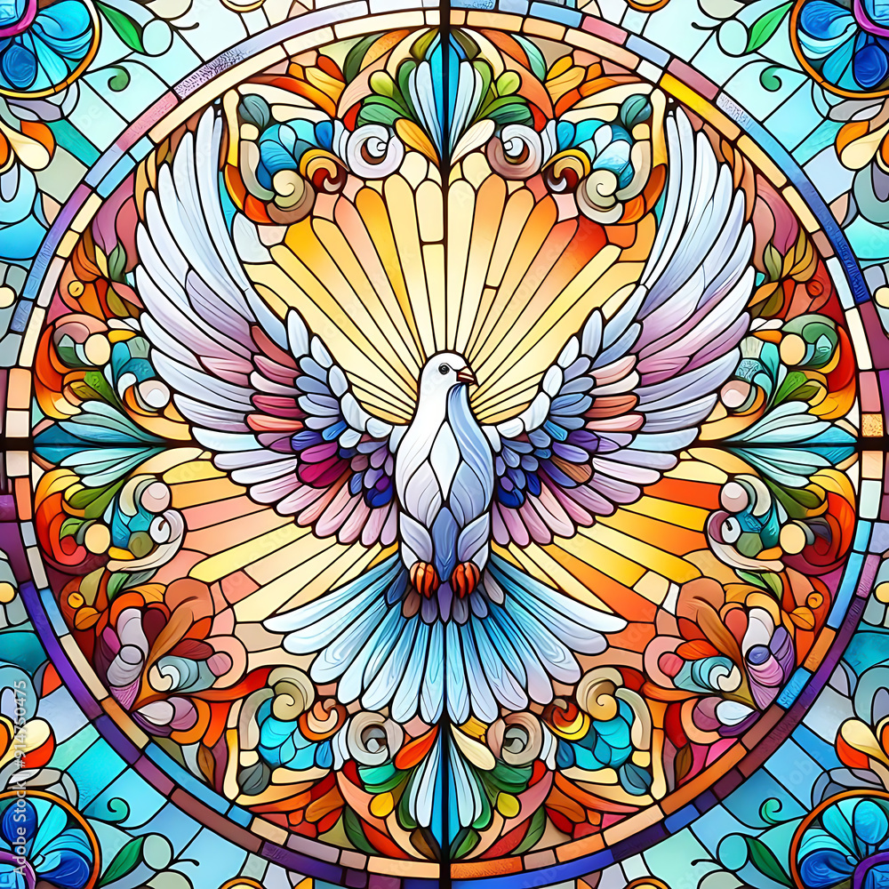 Stained Glass and Colourful Winged Dove. Illustration and representation of the New Testament Holy Spirit Stained Glass and Colourful Winged Dove. Illustration and representation of the New Testament Holy Spirit