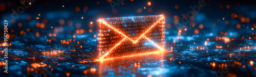 A glowing digital envelope in vibrant orange, representing electronic mail, set against a futuristic backdrop of binary code and luminous lights.