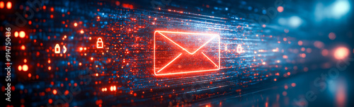 A glowing red digital envelope with padlock icons, symbolizing secure electronic mail, set against a dynamic background of digital code and luminous lights.