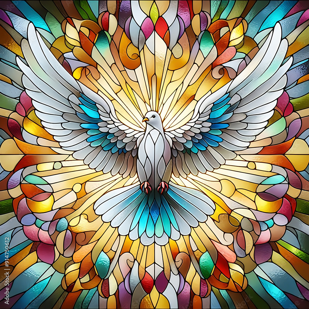 Obraz premium Stained Glass and Colourful Winged Dove. Illustration and representation of the New Testament Holy Spirit