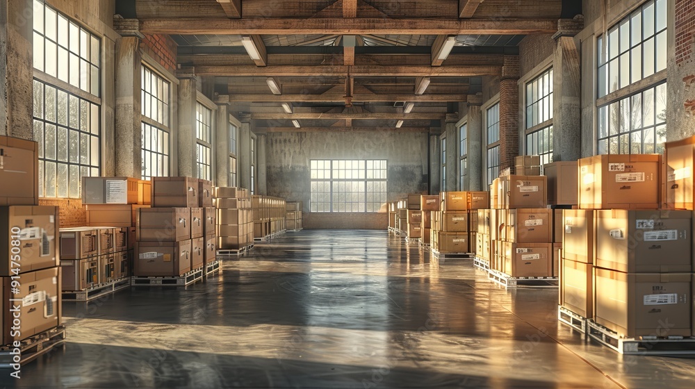Large warehouse with stacks of cardboard boxes and pallets Large warehouse with stacks of cardboard boxes and pallets