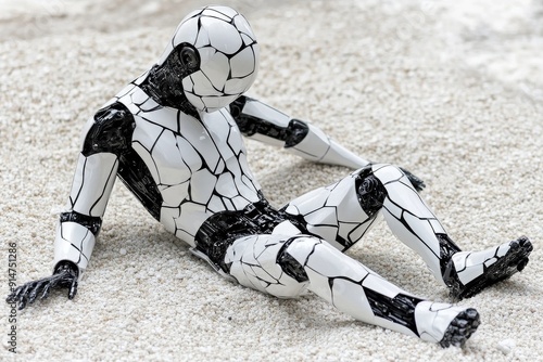 Disassembled robot parts scattered across sand conveying a sense of abandonment and obsolescence