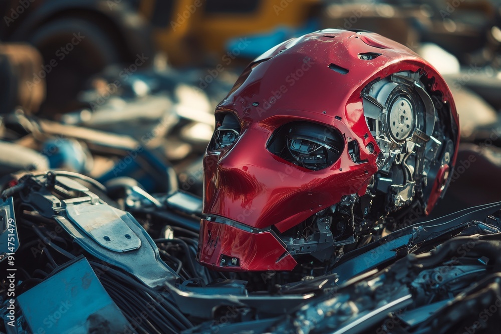 Fototapeta premium Red robot helmet with intricate wiring and blue light details depicting advanced robotics and AI