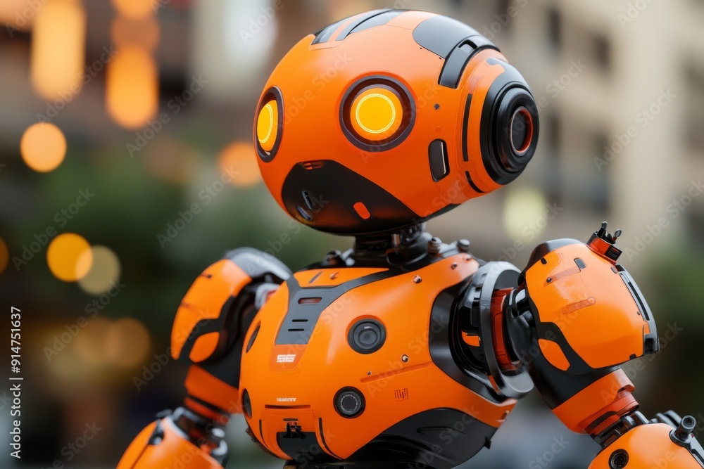 Orange robot in dynamic pose on urban street showcasing agility and futuristic design in robotics Orange robot in dynamic pose on urban street showcasing agility and futuristic design in robotics