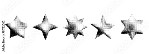 Halftone grain star set. Dotted 3d star shape collection. Y2K bitmap gradient elements bundle. Pixel comic burst and sparkle elements for graphic design, poster, banner. Vector pack