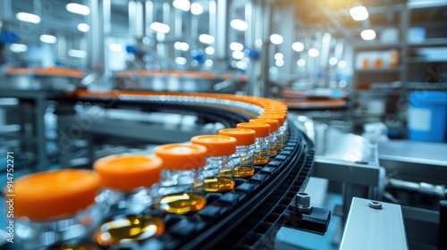 Orange-Capped Glass Bottles on a Conveyor Belt in a Pharmaceutical Factory