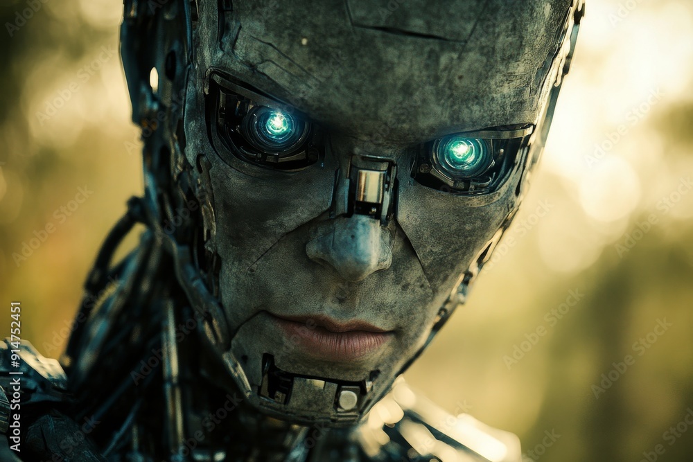 Weathered robotic face with haunting green eyes in a dusky setting reflecting a dystopian future Weathered robotic face with haunting green eyes in a dusky setting reflecting a dystopian future