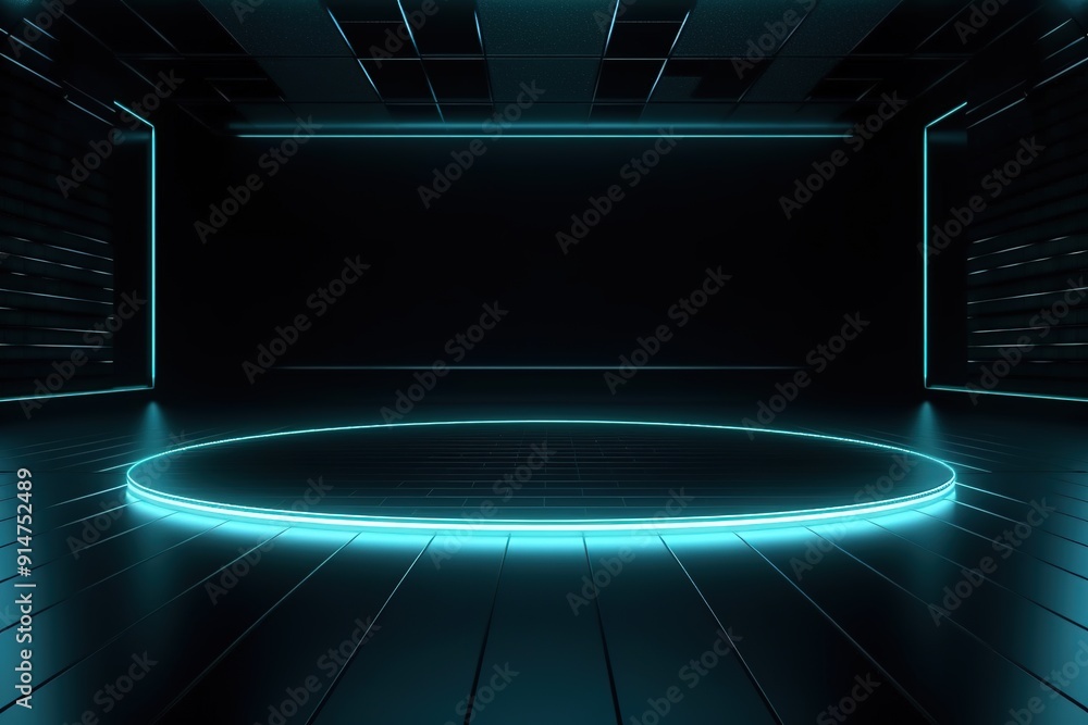 Futuristic black room with a glowing blue circle platform. Futuristic black room with a glowing blue circle platform.
