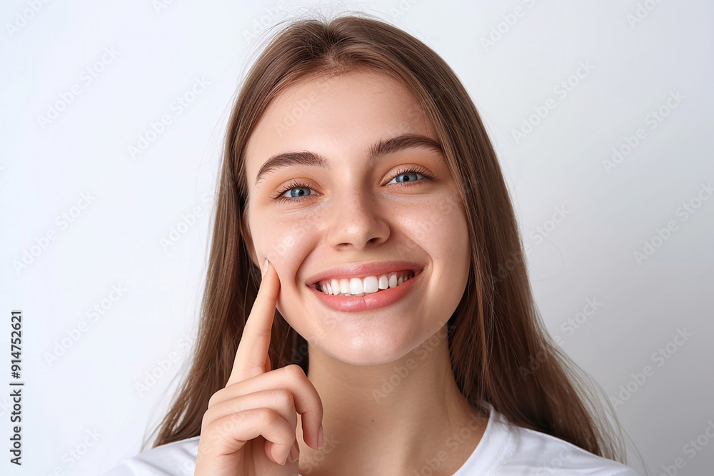 A young woman with long brown hair smiles brightly, revealing white teeth. She is touching her cheek with her index finger. The background is a simple white wall. A young woman with long brown hair smiles brightly, revealing white teeth. She is touching her cheek with her index finger. The background is a simple white wall.