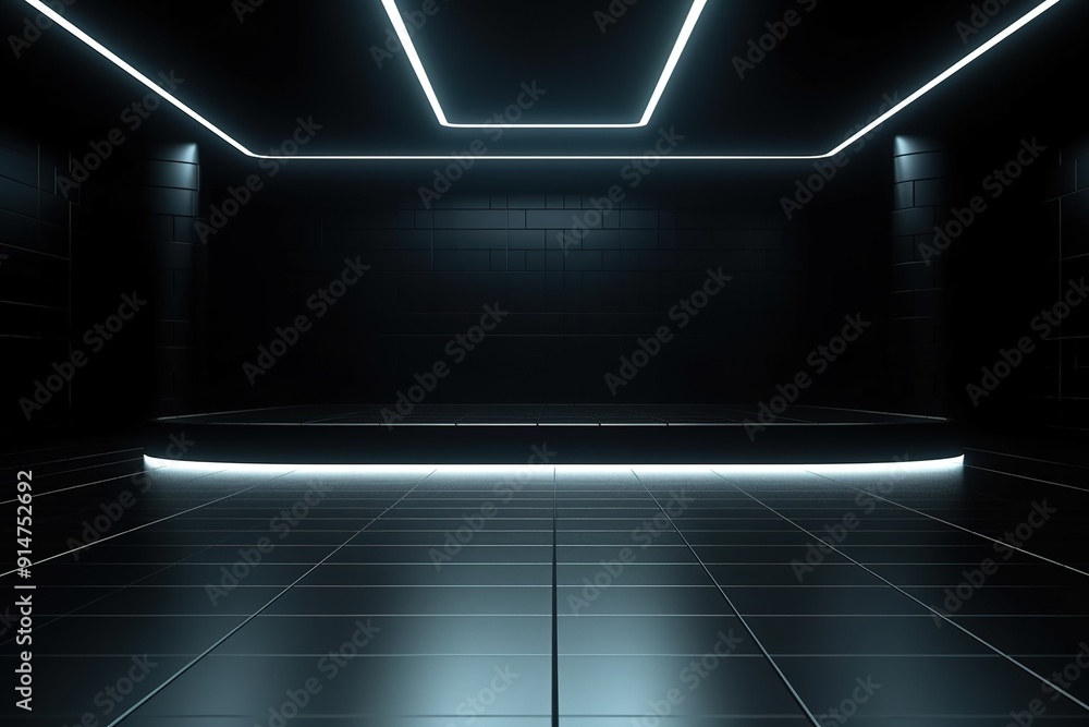 Futuristic black room with glowing neon lights and platform. Futuristic black room with glowing neon lights and platform.