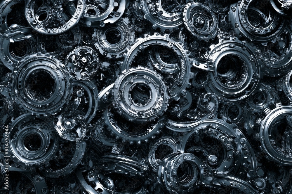 Abstract close up of metallic cogs and gears in grayscale creating a complex industrial pattern Abstract close up of metallic cogs and gears in grayscale creating a complex industrial pattern