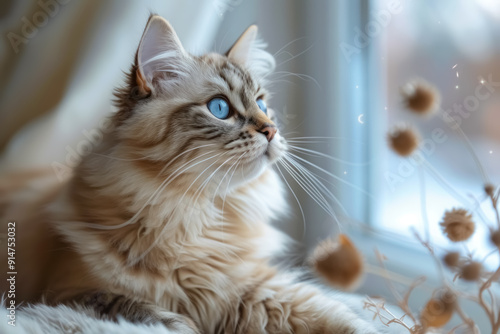 Persian and Bengal cats with beautiful blue eyes, captured in serene poses, sitting and observing their surroundings