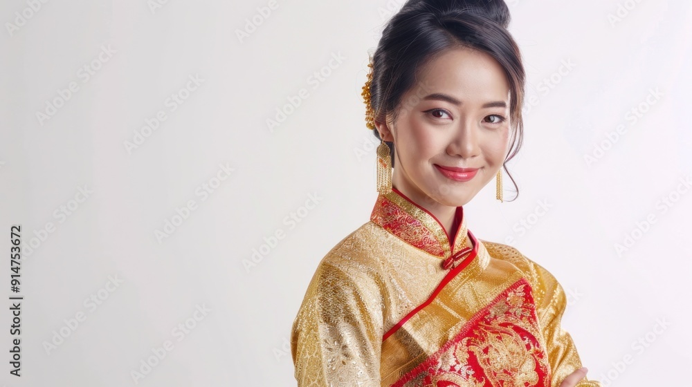 Asian woman wearing traditional gold and red dress with ornate jewelry Asian woman wearing traditional gold and red dress with ornate jewelry