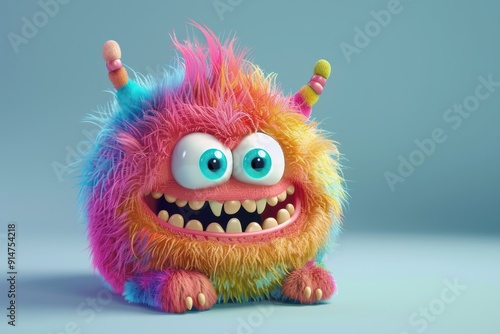 Whimsical 3D cute monster character, plump and fluffy with vibrant colors, featuring expressive big eyes and a toothy grin, exuding a playful and mischievous demeanor.