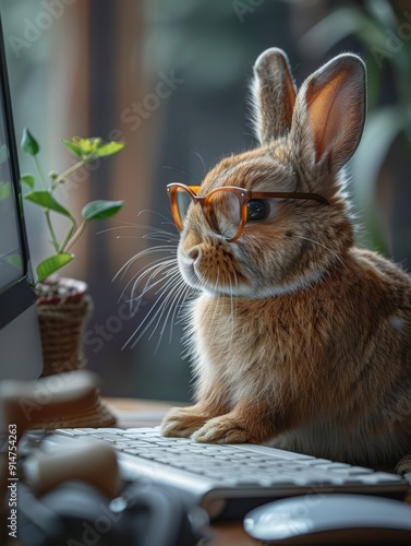 a rabbit in glasses working on a laptop, surrounded by a warm and inviting ambiance. The rabbit's curious look and the setting give a sense of a studious yet adorable character.