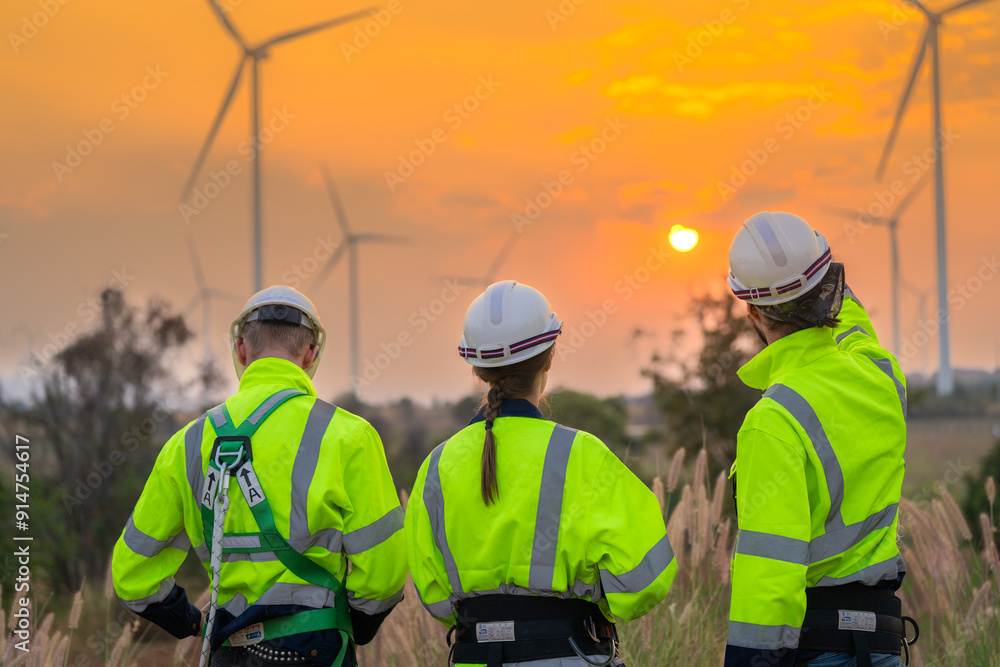 Team Engineers men and woman checking and inspecting on construction with sunset sky. people operation. Wind turbine for electrical of clean energy and environment. Industrial of sustainable. Team Engineers men and woman checking and inspecting on construction with sunset sky. people operation. Wind turbine for electrical of clean energy and environment. Industrial of sustainable.