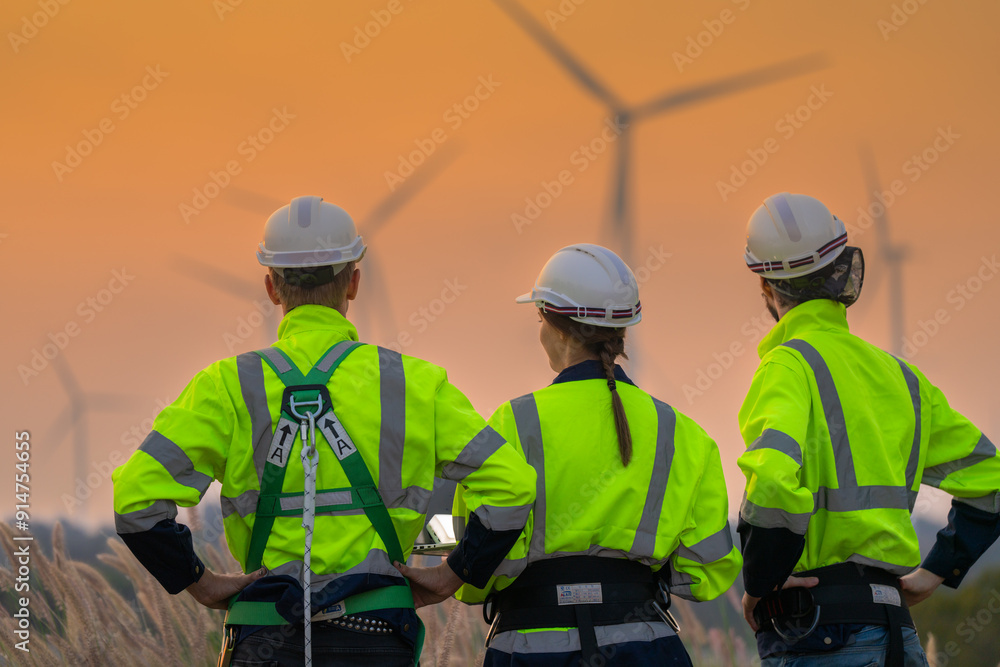 Fototapeta premium Team Engineers men and woman checking and inspecting on construction with sunset sky. people operation. Wind turbine for electrical of clean energy and environment. Industrial of sustainable.