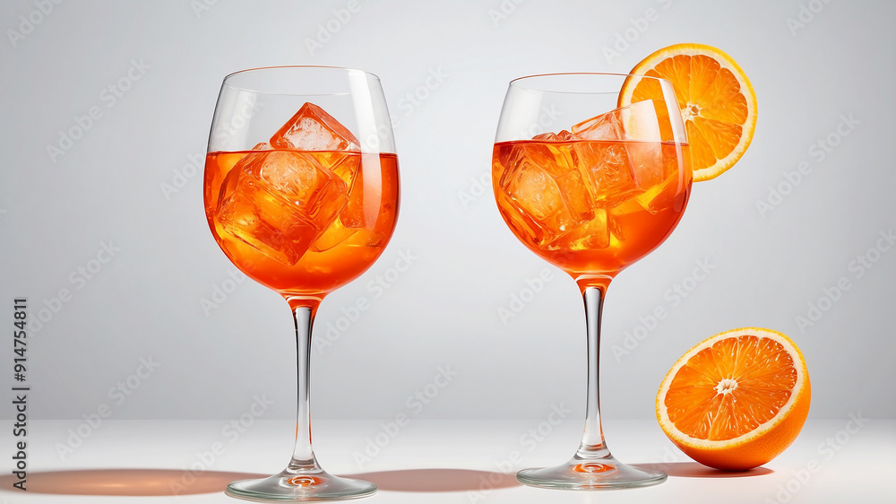 glass of Aperol Spritz, showcasing the cocktail's vivid orange hue with a slice of orange and ice cubes floating within glass of Aperol Spritz, showcasing the cocktail's vivid orange hue with a slice of orange and ice cubes floating within