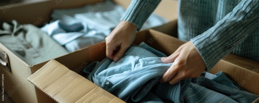 Fototapeta premium Person folding clothes in a cardboard box.