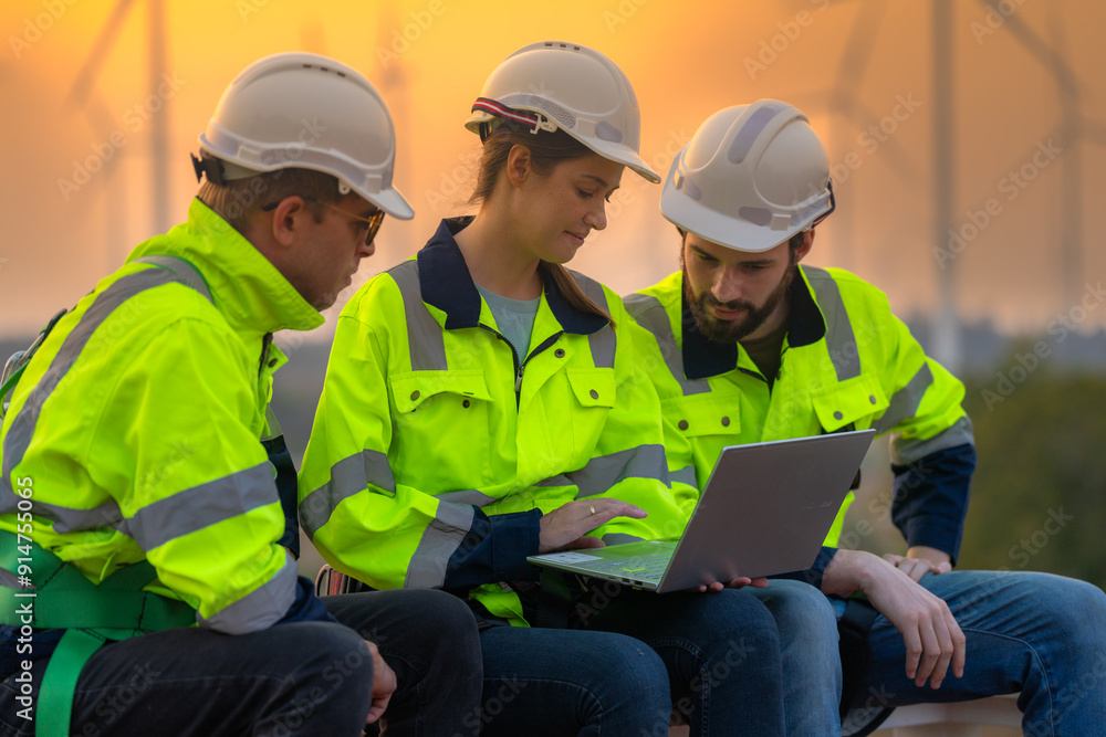 Team Engineers men and woman checking and inspecting on construction with sunset sky. people operation. Wind turbine for electrical of clean energy and environment. Industrial of sustainable. Team Engineers men and woman checking and inspecting on construction with sunset sky. people operation. Wind turbine for electrical of clean energy and environment. Industrial of sustainable.