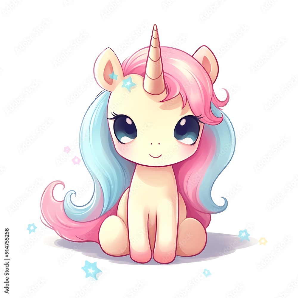 Cute Cartoon Unicorn Sitting With Pink and Blue Hair Cute Cartoon Unicorn Sitting With Pink and Blue Hair