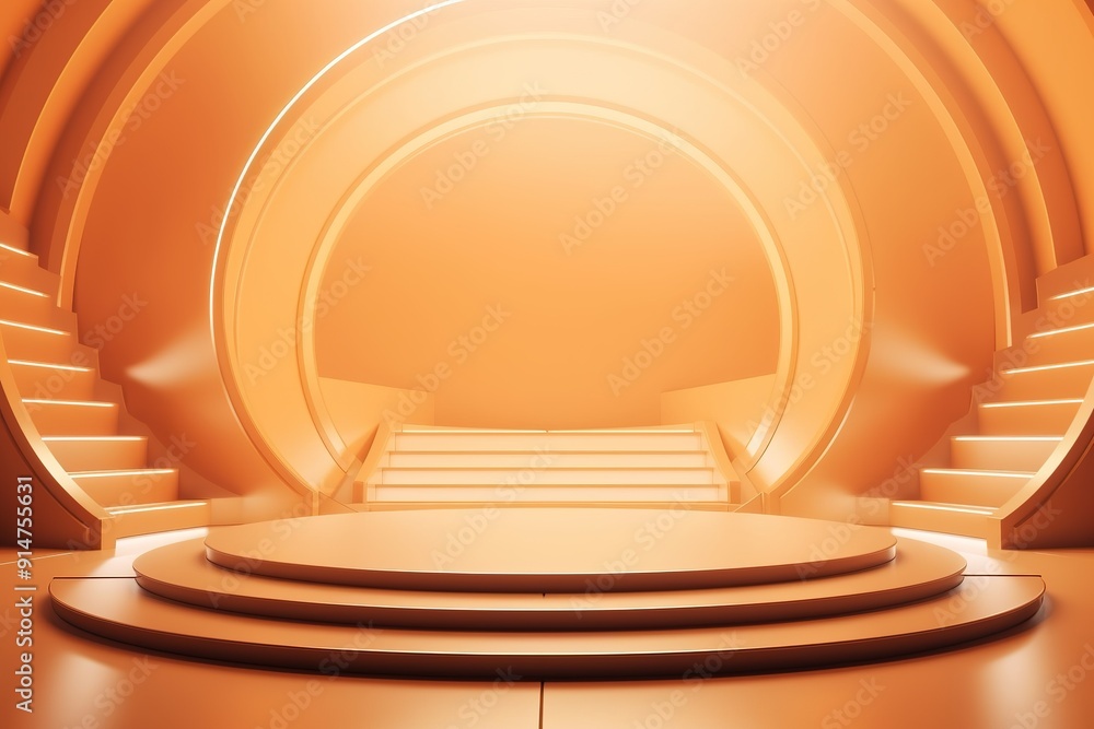 Obraz premium Abstract orange platform with steps and bright light for product presentation.