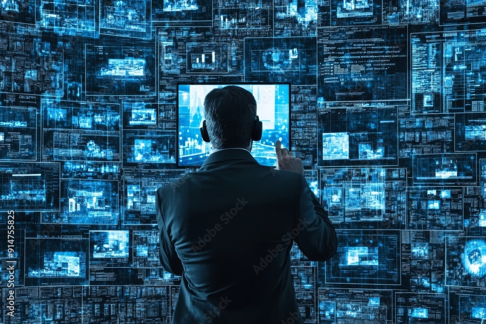 Man observing multiple digital screens representing data analysis information overload and the challenge of navigating vast digital landscapes in the modern technological era Man observing multiple digital screens representing data analysis information overload and the challenge of navigating vast digital landscapes in the modern technological era