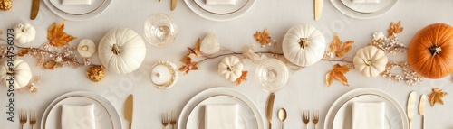 Elegant Thanksgiving tablescape with white pumpkins and gold accents, [Thanksgiving decor], [modern autumn] photo