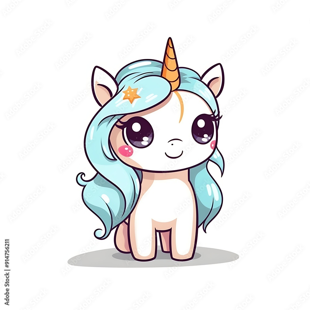 Cute Cartoon Unicorn With Blue Hair and Orange Horn Cute Cartoon Unicorn With Blue Hair and Orange Horn
