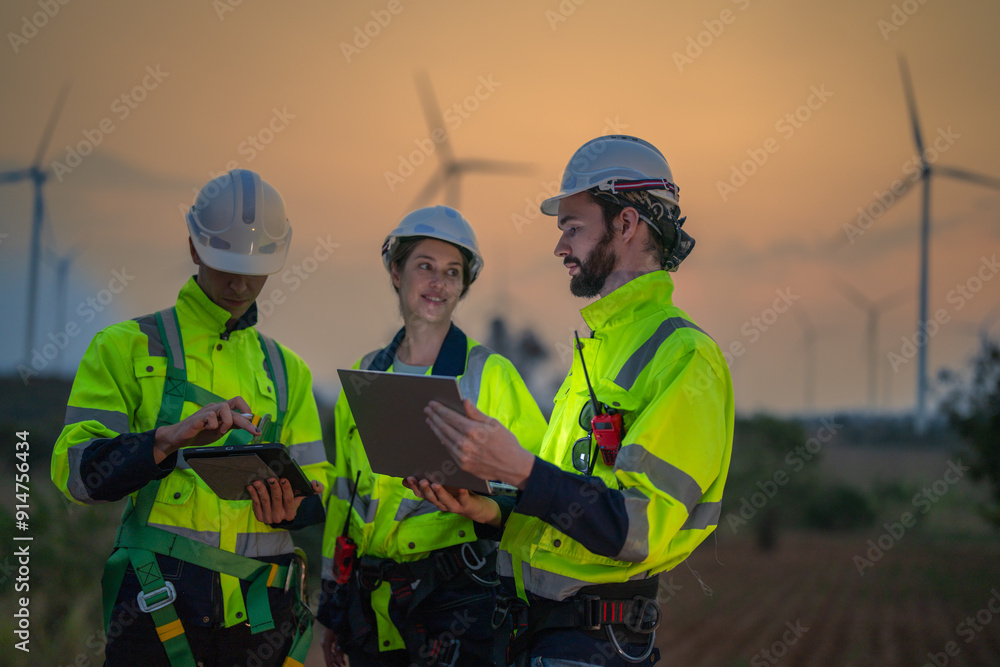 Fototapeta premium Team Engineers men and woman checking and inspecting on construction with sunset sky. people operation. Wind turbine for electrical of clean energy and environment. Industrial of sustainable.