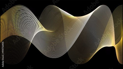 Gold wave on black background. Golden line pattern for luxury music vip or future wind swoosh. Abstract 3d horizontal stripe drawing. Copper award ribbon premium fashion element