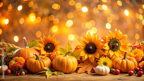 Autumn Thanksgiving Background with Pumpkins, Sunflowers and Bokeh Lights. photo