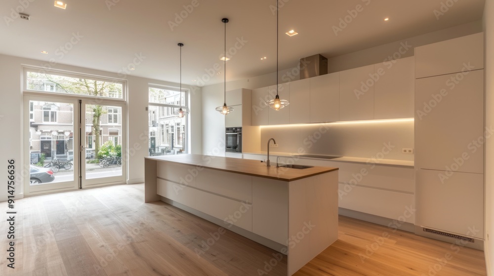 Modern Kitchen with Island, White Cabinets, and Wooden Floor Modern Kitchen with Island, White Cabinets, and Wooden Floor