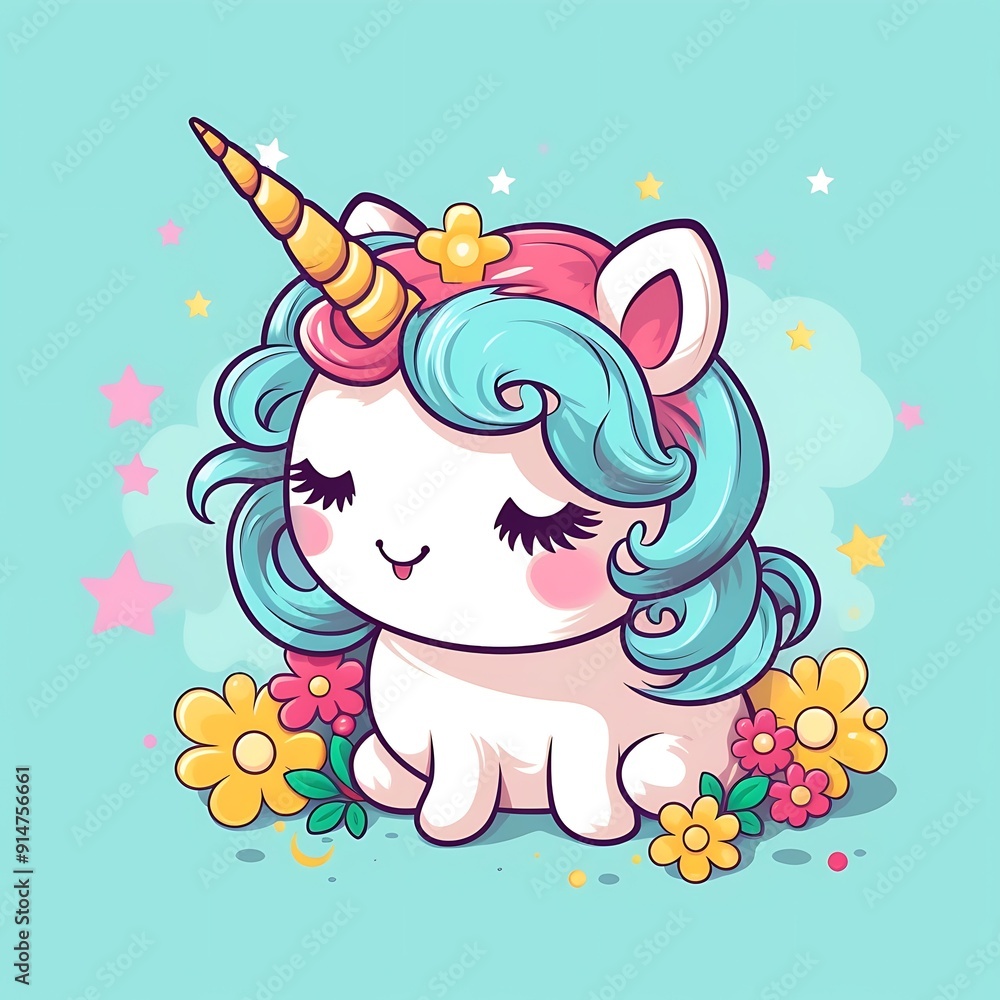 Cute Cartoon Unicorn Sitting in a Field of Flowers Cute Cartoon Unicorn Sitting in a Field of Flowers