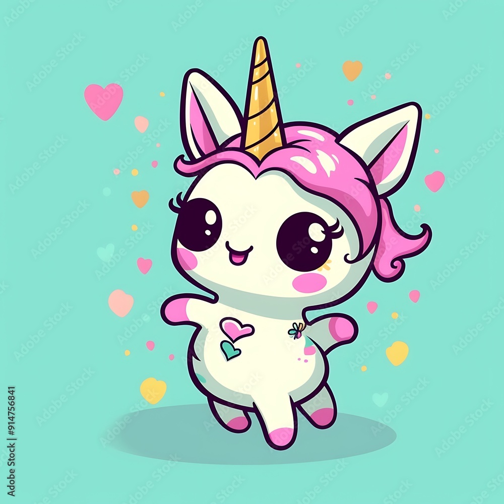 A Happy Cartoon Unicorn With Pink Hair and a Golden Horn on a Blue Background A Happy Cartoon Unicorn With Pink Hair and a Golden Horn on a Blue Background