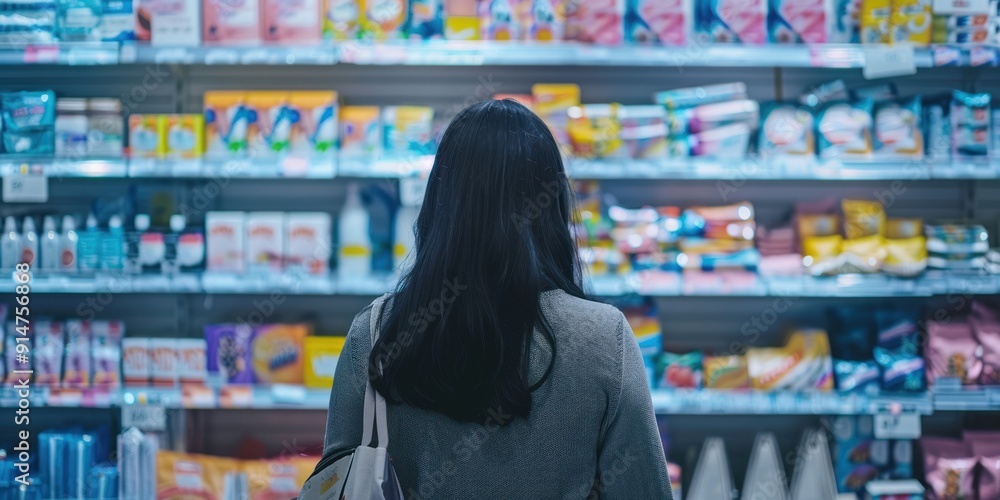 Woman shopping in a grocery store aisle. Woman shopping in a grocery store aisle.