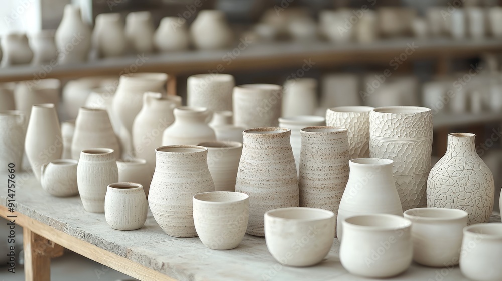 Handcrafted pottery on display in a ceramics studio Handcrafted pottery on display in a ceramics studio