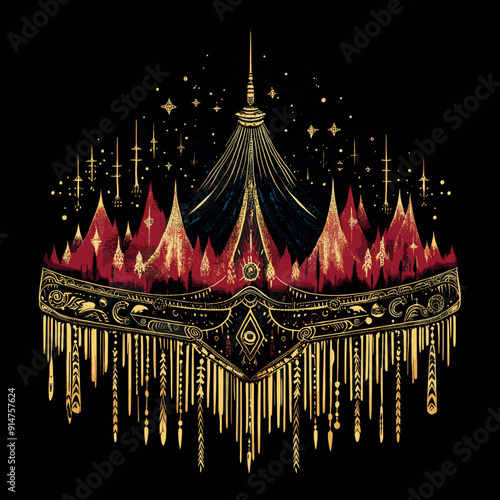 Fantasy Castle with Red Peaks and Ornate Gold Decorations Under a Starry Sky, Ideal for Fairytale Art and Fantasy-Themed Designs